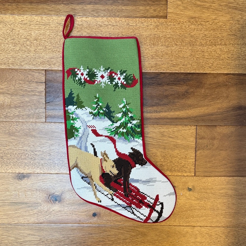 L.L. Bean embroidered Holiday Stocking with Dogs and Sled